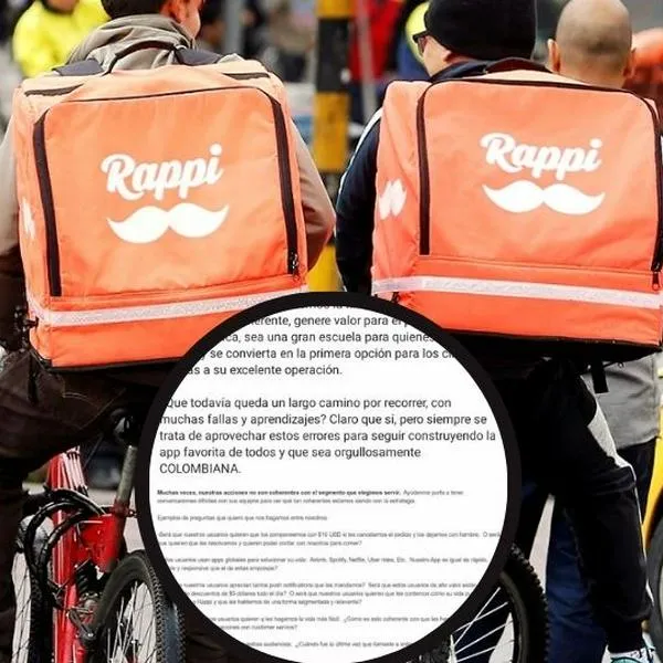 Foto de rappitenderos y de mensaje, en nota de que Rappi envió correo sobre cómo es trato a sus clientes y revelan qué pidió su CEO