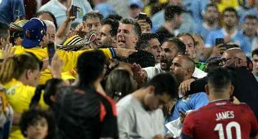 Momento de la pelea en las tribunas entre hinchas de Colombia y jugadores de Uruguay y sus familiares, en Copa América