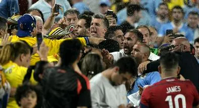 Momento de la pelea en las tribunas entre hinchas de Colombia y jugadores de Uruguay y sus familiares, en Copa América