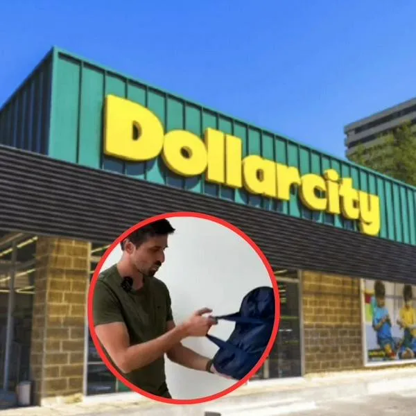 Imagen de fachada de Dollarcity y maleta viral que aguanta mucho peso por 14.000 pesos