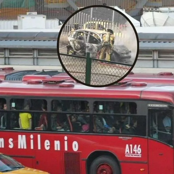 Foto de articulado y carro incendiado, en nota de incendio en estación de Transmilenio con carro que tuvo mal mecánico