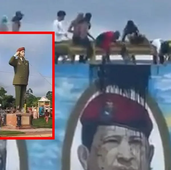 Tumban otra estatua de Hugo Chávez en Venezuela y manchan mural con su rostro
