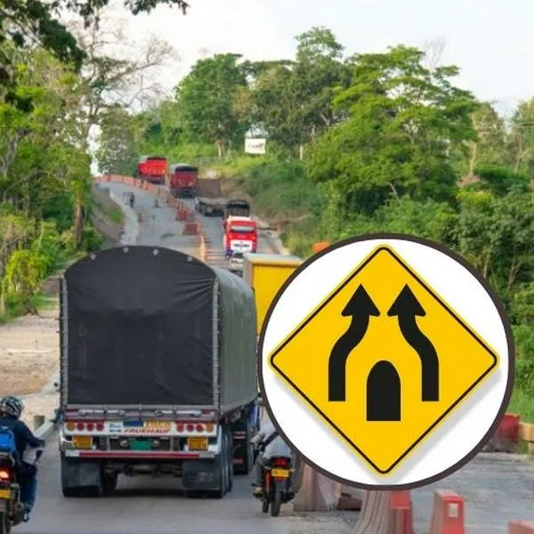 Foto de trancón y aviso, en nota de qué significa la señal amarilla con dos flechas y un objeto en medio en Colombia