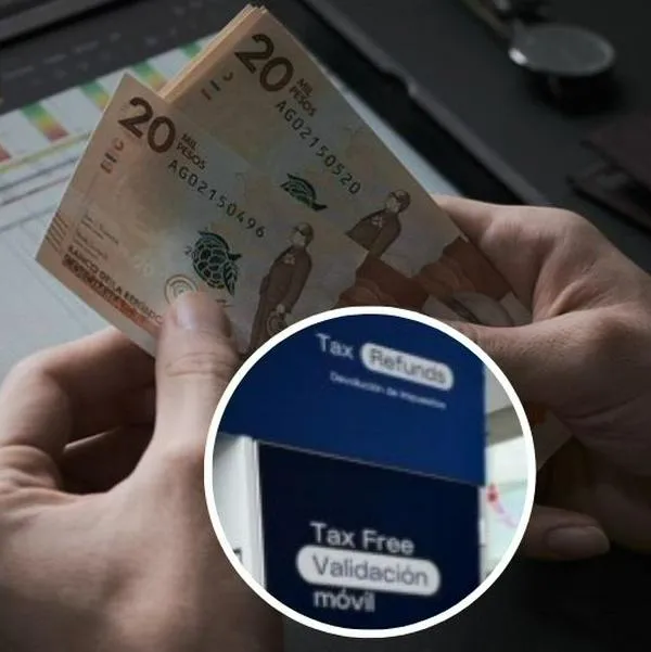 Fotos de dinero colombiano y Tax Refunds, en nota de cómo es devolución del IVA en aeropuertos de Colombia, con pasos para aplicar