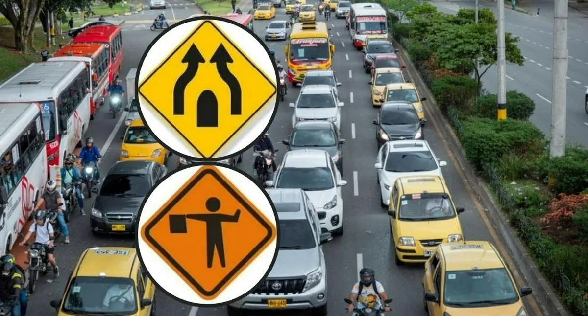 Fotos de carros y avisos, en nota de cuál es diferencia entre señales de tránsito amarillas y anaranjadas en Colombia