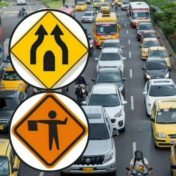 Fotos de carros y avisos, en nota de cuál es diferencia entre señales de tránsito amarillas y anaranjadas en Colombia