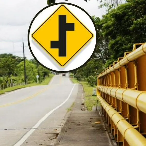 Foto de vía y símbolos, en nota de qué significa la señal SP-18 y 19 en Colombia: aviso en carretera por dos cruces