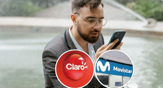 Foto de hombre con celular y logos de Claro y Movistar, en nota de cómo es Swift, nuevo operador móvil en Colombia  