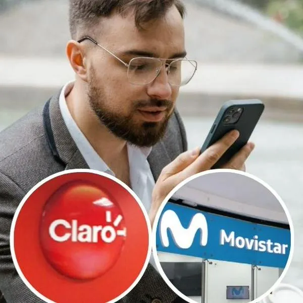 Foto de hombre con celular y logos de Claro y Movistar, en nota de cómo es Swift, nuevo operador móvil en Colombia  