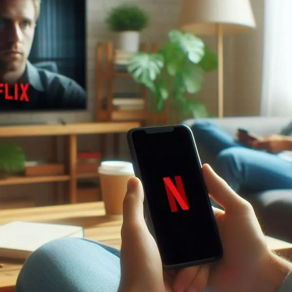Imagen de referencia de una persona utilizando la aplicación de Netflix, frente a un televisor donde se reproduce un contenido de la plataforma.