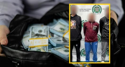 Imagen de referencia de un bolso con dinero y fotografía de integrantes capturados de grupo extorsionista 'Los del Carro' en Bogotá.