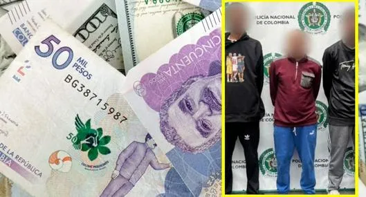 Imagen de referencia de un bolso con dinero y fotografía de integrantes capturados de grupo extorsionista 'Los del Carro' en Bogotá. 