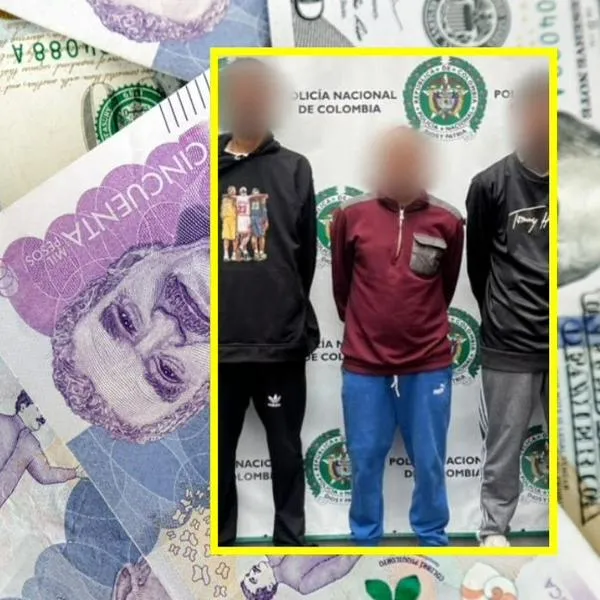 Imagen de referencia de un bolso con dinero y fotografía de integrantes capturados de grupo extorsionista 'Los del Carro' en Bogotá. 