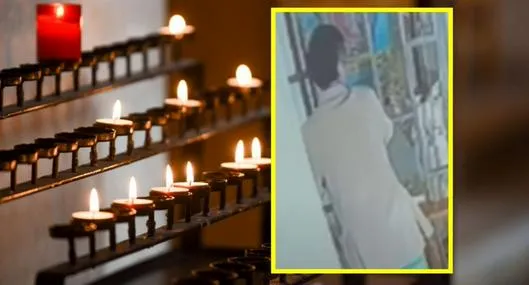 Imagen de referencia de ofrenda en iglesia y captura de video de robo en iglesia de Bogotá.