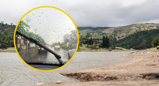 Imagen de referencia de embalse La Regadera y parabrisas empapado. 