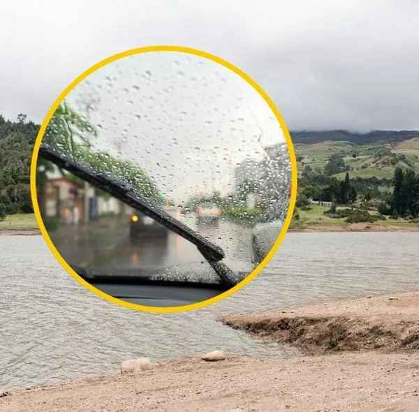 Imagen de referencia de embalse La Regadera y parabrisas empapado. 