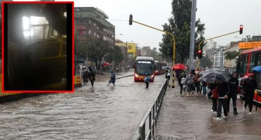 Lluvias en Bogotá causan inundación en carriles de Transmilenio.