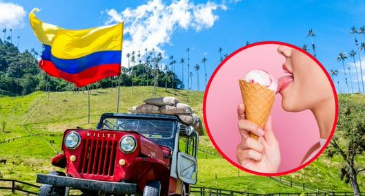 Imagen de referencia de vehículo 'Yipao' en el Valle del Cocora, Quindío y una mujer lamiendo un helado.