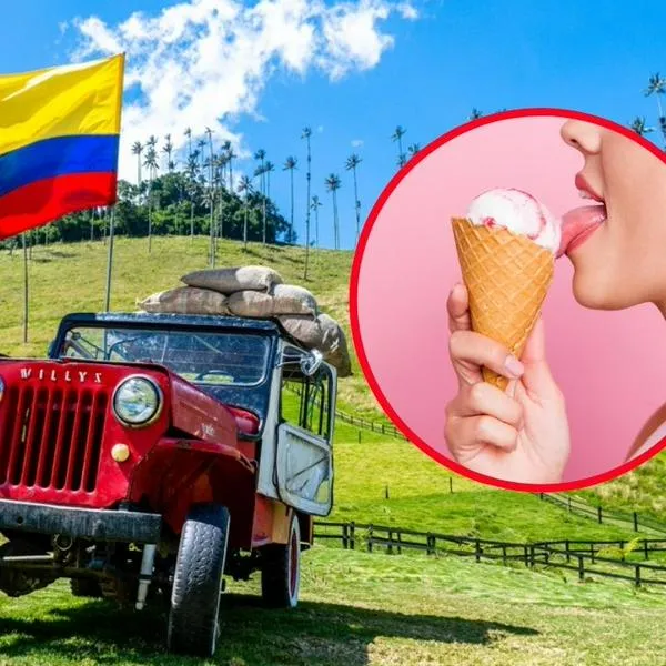 Imagen de referencia de vehículo 'Yipao' en el Valle del Cocora, Quindío y una mujer lamiendo un helado.