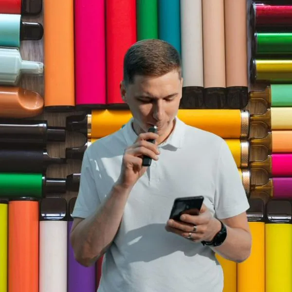 Imagen de referencia de persona con cigarrillo electrónico en fondo con dispositivos similares.