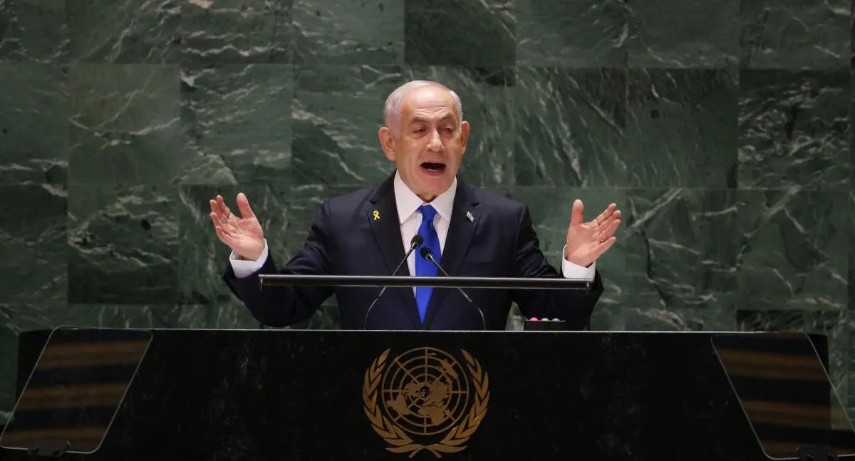 Israeli Prime Minister Benjamin Netanyahu speaks during the 79th Session of the United Nations General Assembly at the United Nations headquarters in New York City on September 27, 2024. - Israeli Prime Minister Benjamin Netanyahu said at the UN Friday that operations against Hezbollah will continue, dampening hopes of a 21-day truce proposed by France and the United States this week. (Photo by Charly TRIBALLEAU / AFP)