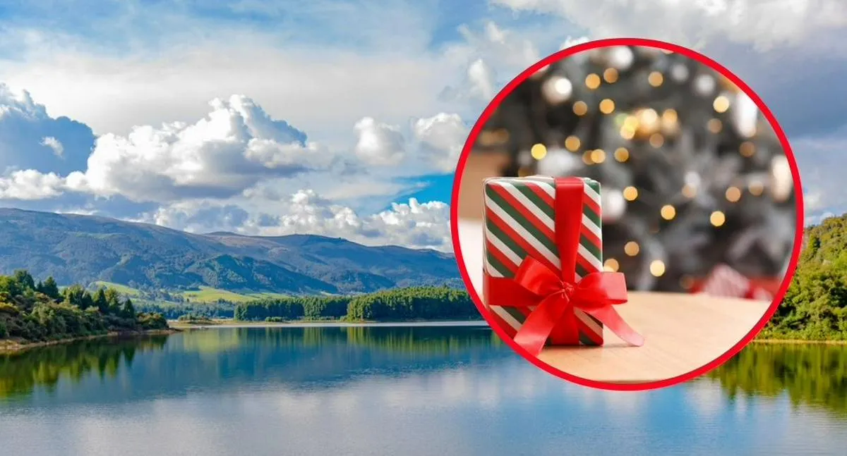 Collage de fotografía del embalse del Neusa y un regalo navideño.