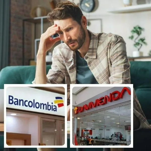 Fotos de persona preocupada, Bancolombia y Davivienda, en nota de qué es quishing, amenaza ante pagos en Bancolombia, Davivienda y más en Colombia