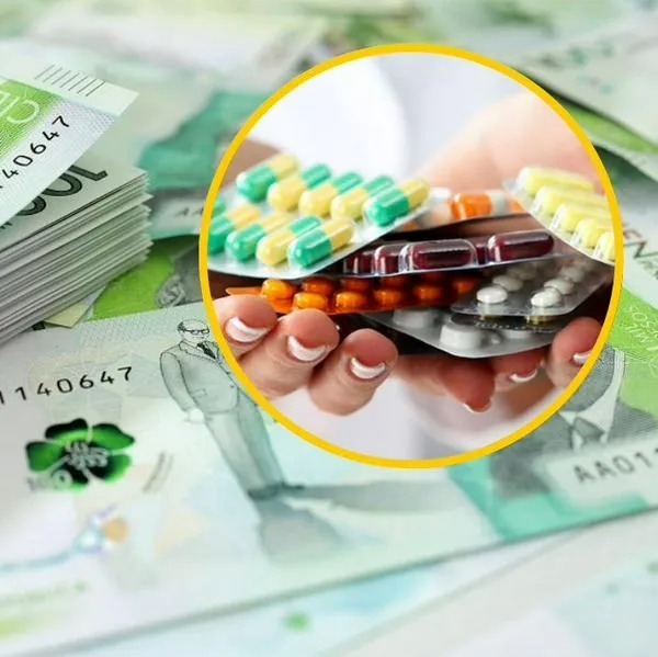 Imagen de referencia de dinero colombiano y medicamentos.
