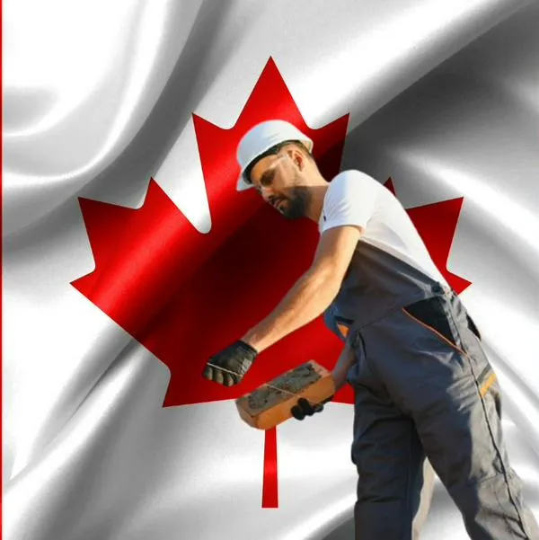 Composición de un albañil frente a la bandera de Canadá.