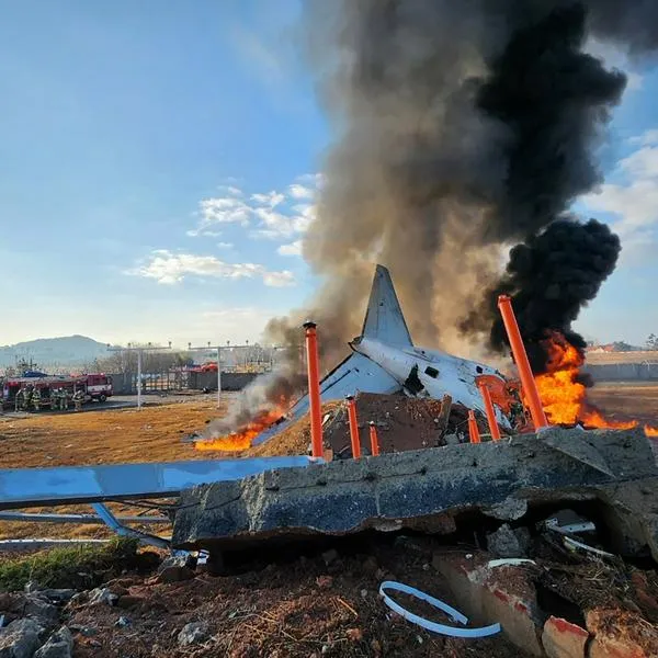 fire and smoke rise from the tail section of a Jeju Air Boeing 737-800 series aircraft after the plane crashed and burst into flames at Muan International Airport in South Jeolla Province, some 288 kilometres southwest of Seoul on December 29, 2024. - A Jeju Air plane carrying 181 people from Bangkok to South Korea crashed on arrival on December 29, authorities told AFP, with 29 confirmed dead and dramatic video showing the aircraft bursting into flames. (Photo by YONHAP / AFP) / - South Korea OUT / NO USE AFTER JANUARY 8, 2025 02:48:46 GMT -  - SOUTH KOREA OUT / NO ARCHIVES -  RESTRICTED TO SUBSCRIPTION USE