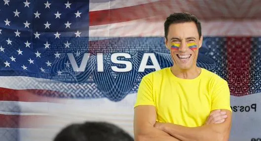 Visa y hombre con bandera de Colombia pintada, en nota sobre qué colombianos pueden tramitar visa de Estados Unidos sin costo