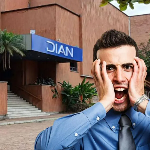 Imagen de referencia de sede de la Dian en Medellín y persona enojada.