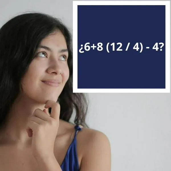 Foto mujer pensando y operación matemática, en nota de cuál es la respuesta a 6+8 (12 / 4) - 4: reto que entrena la agilidad matemática