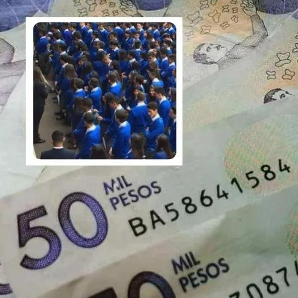 Fotos de dinero colombiano y colegios, en nota de cuánto se gasta en uniformes escolares en 2025 en Colombia
