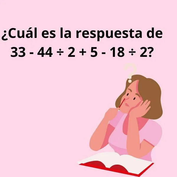¿Cuál es la respuesta a 33 - 44 ÷ 2 +  5 - 18 ÷ 2? Pocos llegan a la respuesta correcta