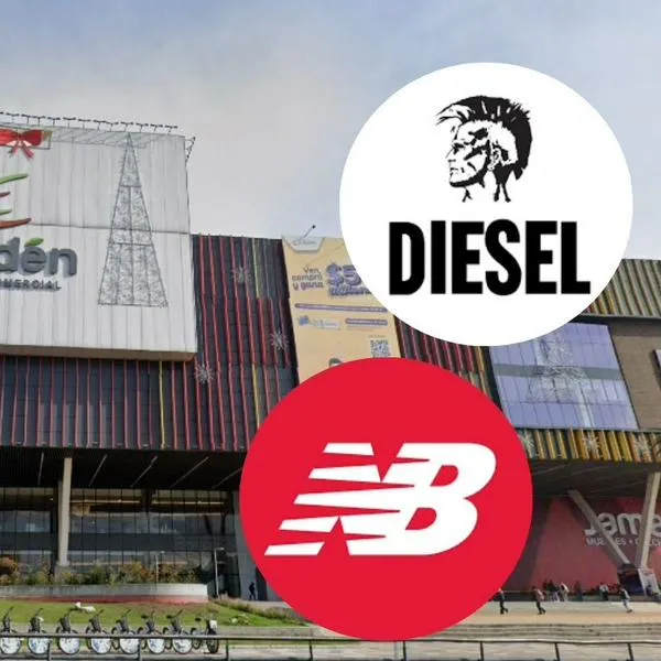 Imagen de referencia de centro comercial El Edén y logos de marcas New Balance y Diesel.