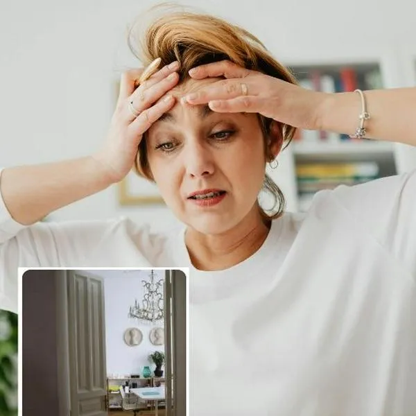 Fotos de mujer preocupada y puerta, en nota de qué significa que alguien revise varias veces si cerró puerta, según psicología