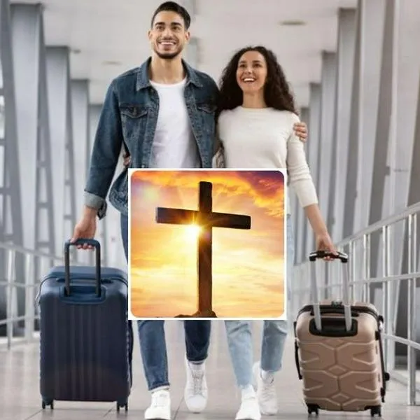 Foto de viajeros y cruz católica, en nota de Semana Santa 2025: cómo conseguir promociones de hoteles en Colombia y destinos