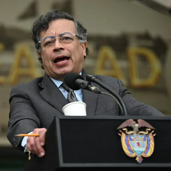 Colombia's President Gustavo Petro delivers a speech in front of Colombia's new Minister of Defense, General Pedro Sanchez (out of frame), during a troop recognition ceremony at the Jose Maria Cordova Military Cadet School in Bogota on March 11, 2025. (Photo by RAUL ARBOLEDA / AFP)