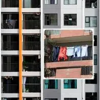 Fotos de edificio y ropa colgada, en nota de cuál es la multa por colgar ropa en balcones de Colombia: ley dice cómo proceder
