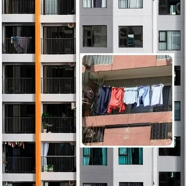 Fotos de edificio y ropa colgada, en nota de cuál es la multa por colgar ropa en balcones de Colombia: ley dice cómo proceder