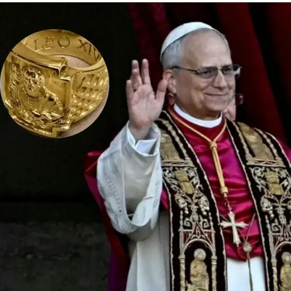 Papa León XIV (AFP) y en el círculo, imagen del anillo del pescador que usará durante su pontificado (Vatican News)
