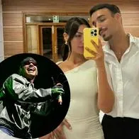 Al fondo, Nicole Betancur y Rels B en su boda (Instagram: @nicolebta) y en el círculo, Feid (Getty Images) / Composición Noticias Caracol