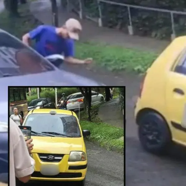 Adelante, el vehículo del taxista que fue captado haciendo los daños. Atrás, el momento de la agresión / Cortesía Denuncias Antioquia / Composición El Colombiano