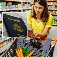 Fotos de supermercado y pasaporte, en nota de qué tanto se usa visa o pasaporte para compra en supermercados en Estados Unidos
