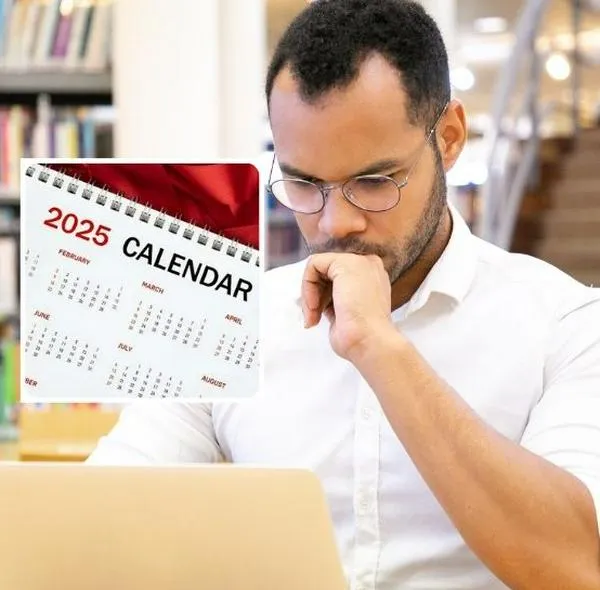 Fotos de hombre pensativo y de calendario 2025, en nota de qué se celebra el 23 de junio en Colombia para que sea lunes festivo 