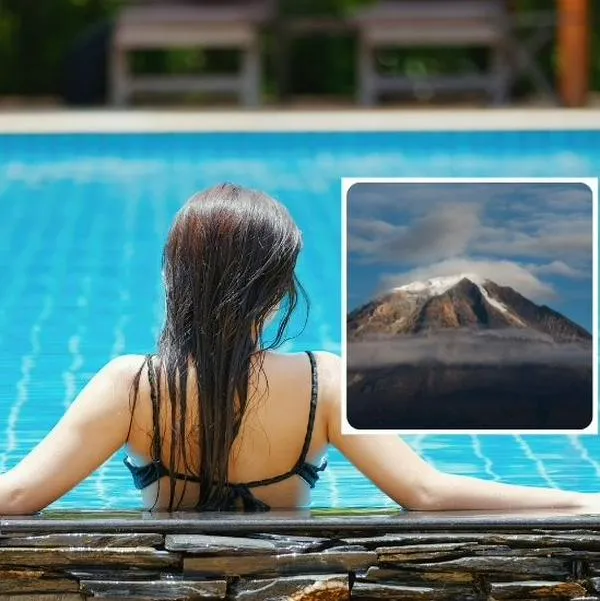 Foto de piscina y volcán , en nota de cómo llegar a hotel de Colombia al lado de famoso volcán, con piscina y cotizado