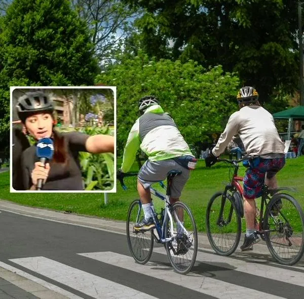 Foto de ciclorruta y periodista de Caracol, en nota de qué significa la nueva señal en ciclorrutas de Bogotá, con dibujo de motos y más