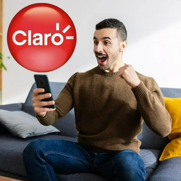 Fotos de hombre feliz y Claro, en nota de que  Claro anunció ayuda a empresas en Colombia y nuevo 5G en zonas del Eje Cafetero