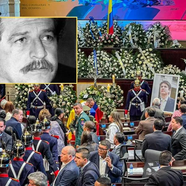 Cámara ardiente de Miguel Uribe Turbay en el Congreso de la República (Lina Martínez - Pulzo) y en el recuadro, Luis Carlos Galán (AFP) / Composición Pulzo